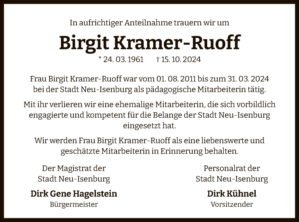  Traueranzeige für Birgit Kramer-Ruoff vom 02.11.2024 aus OF