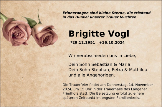 Traueranzeige von Brigitte Vogl von OF