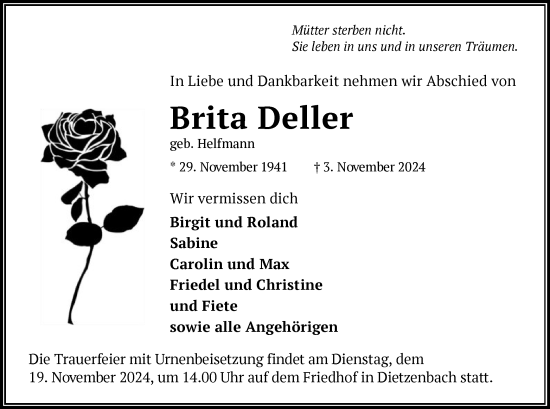 Traueranzeige von Brita Deller von OF