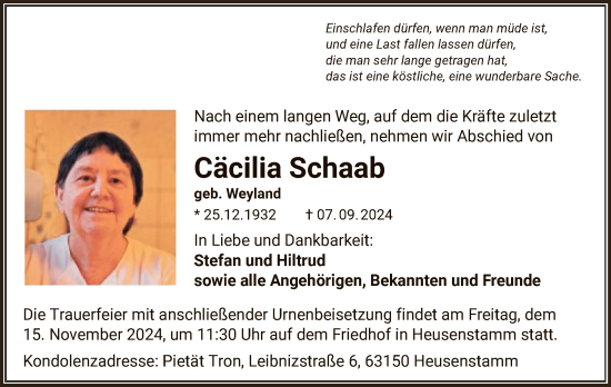 Traueranzeige von Cäcilia Schaab von OF