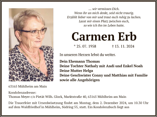 Traueranzeige von Carmen Erb von OF