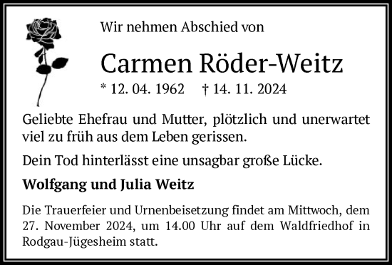 Traueranzeige von Carmen Röder-Weitz von OF