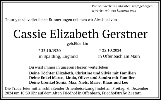 Traueranzeige von Cassie Elizabeth Gerstner von OF