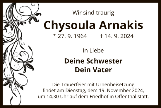 Traueranzeige von Chysoula Arnakis von OF