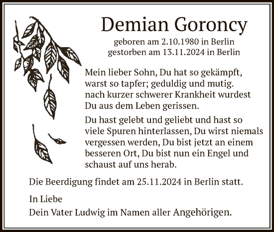 Traueranzeige von Demian Goroncy von OF