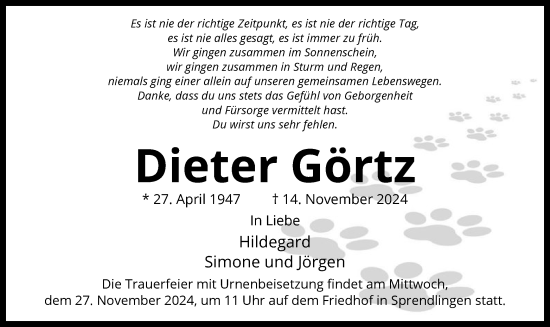 Traueranzeige von Dieter Görtz von OF