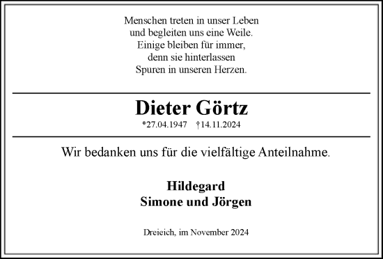 Traueranzeige von Dieter Görtz von OF