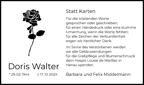 Traueranzeige von Doris Walter von OF