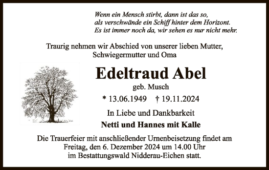 Traueranzeige von Edeltraud Abel von OF