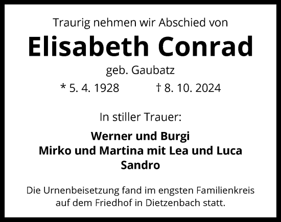 Traueranzeige von Elisabeth Conrad von OF