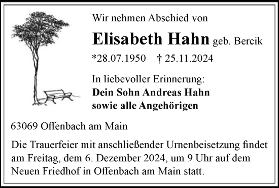 Traueranzeige von Elisabeth Hahn von OF