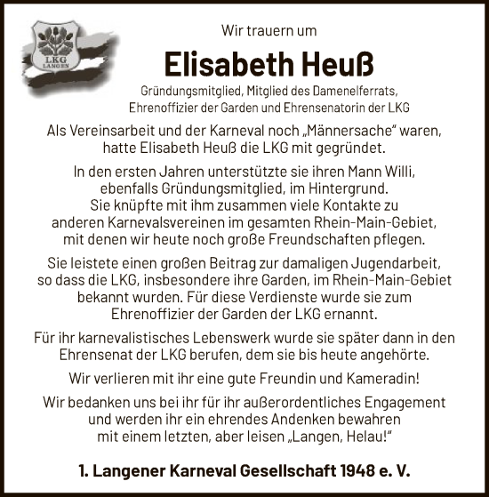 Traueranzeige von Elisabeth Heuß von OF