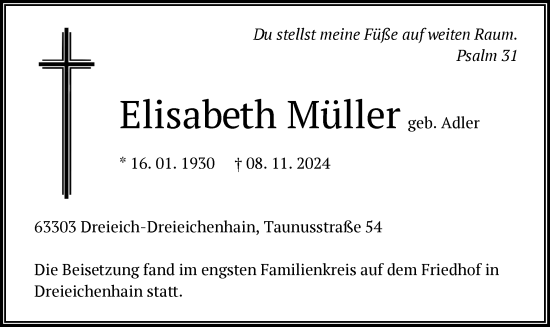 Traueranzeige von Elisabeth Müller von OF