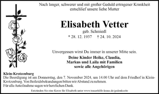 Traueranzeige von Elisabeth Vetter von OF