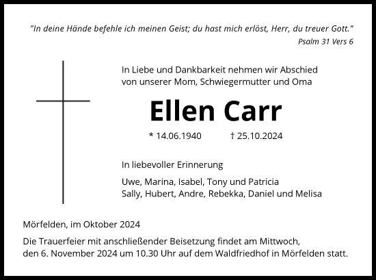 Traueranzeige von Ellen Carr von OF