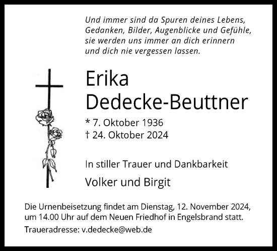 Traueranzeige von Erika Dedecke-Beuttner von OF