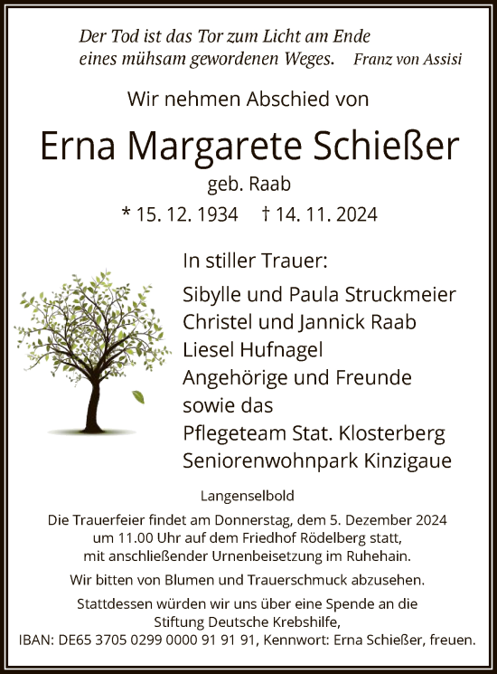 Traueranzeige von Erna Margarete Schießer von OF