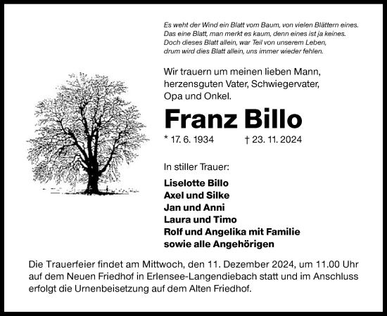 Traueranzeige von Franz Billo von OF