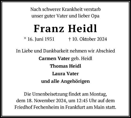 Traueranzeige von Franz Heidl von OF