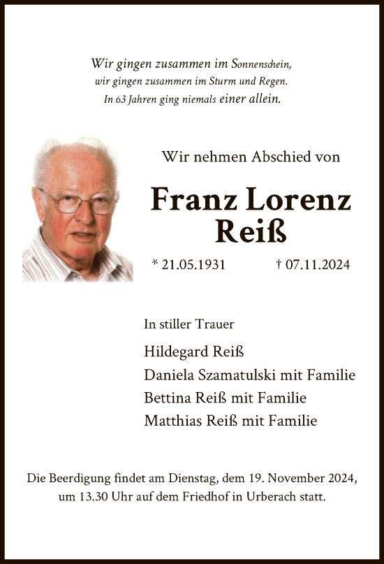 Traueranzeige von Franz Lorenz Reiß von OF