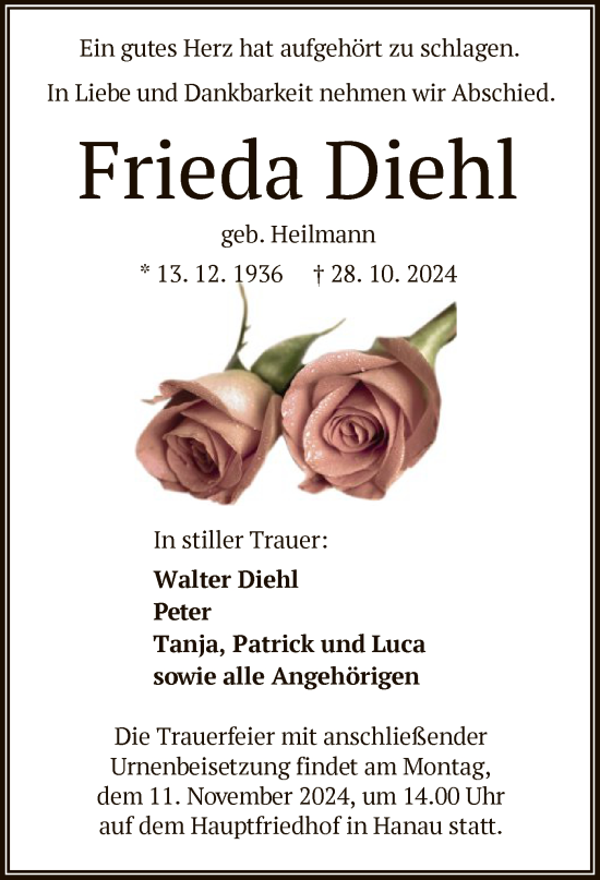 Traueranzeige von Frieda Diehl von OF