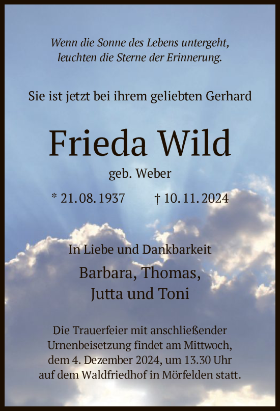 Traueranzeige von Frieda Wild von OF