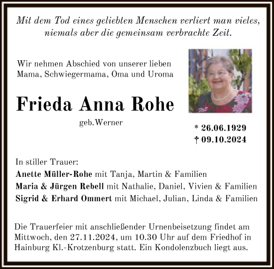 Traueranzeige von Frieda Anna Rohe von OF