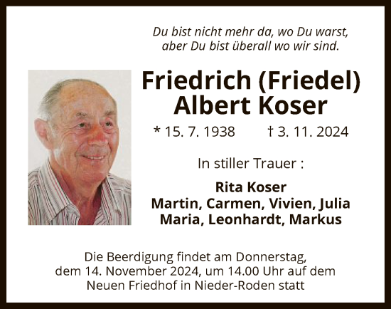 Traueranzeige von Friedrich Albert Koser von OF