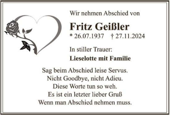 Traueranzeige von Fritz Geißler von OF