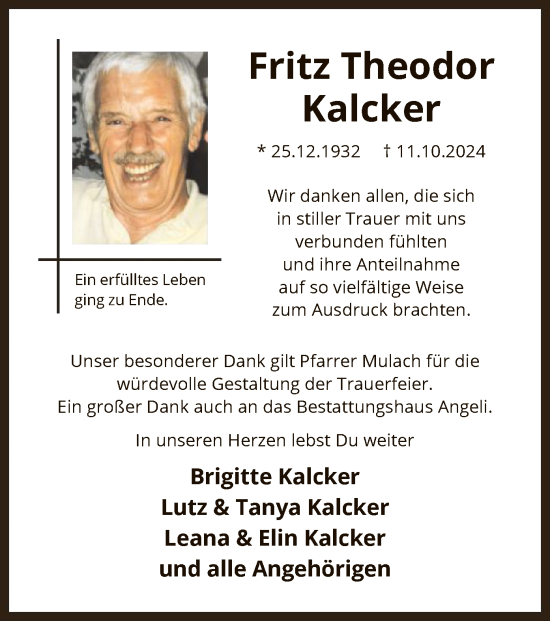 Traueranzeige von Fritz Theodor Kalcker von OF