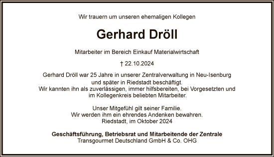 Traueranzeige von Gerhard Dröll von OF