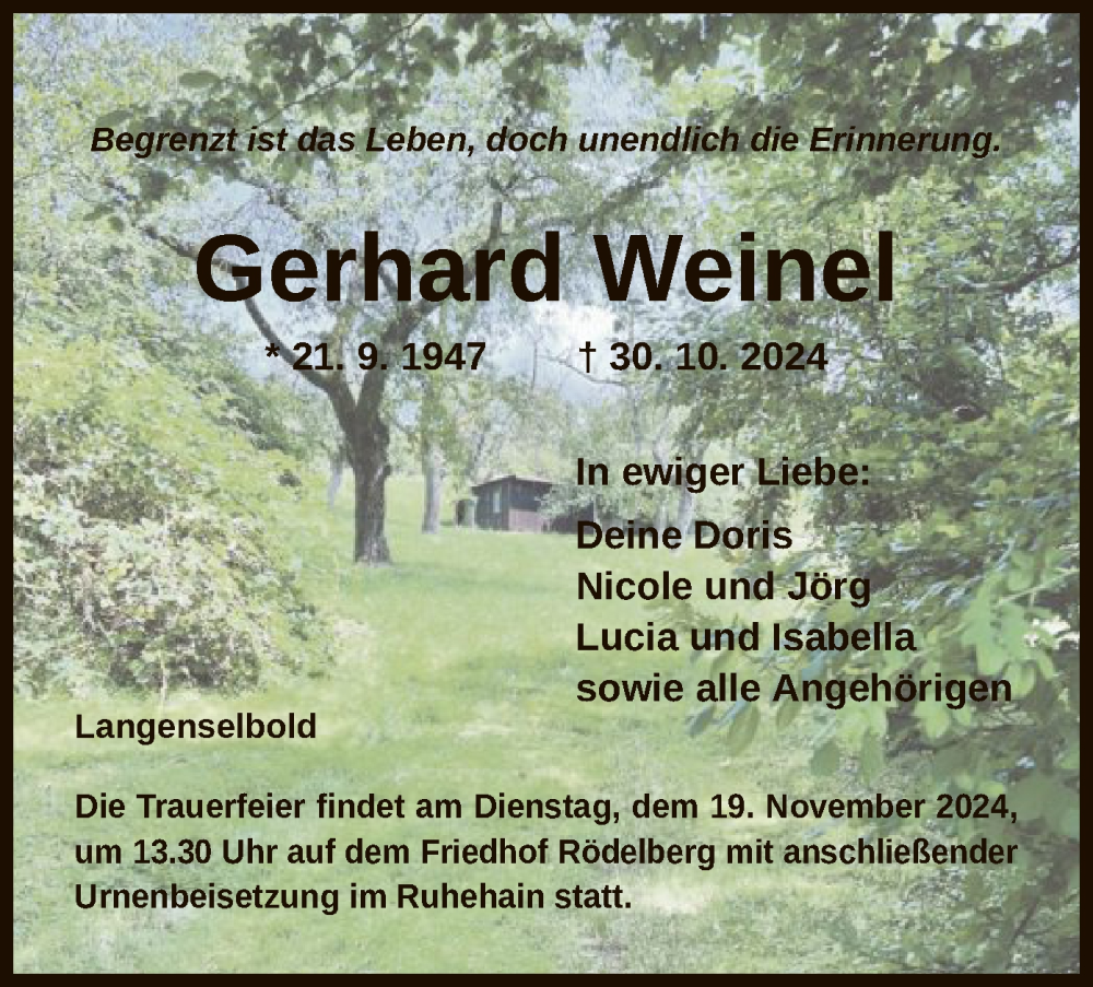  Traueranzeige für Gerhard Weinel vom 09.11.2024 aus OF