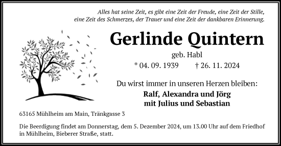 Traueranzeige von Gerlinde Ouintern von OF