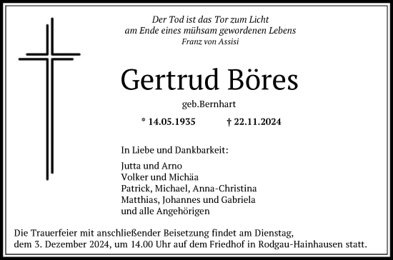 Traueranzeige von Gertrud Böres von OF