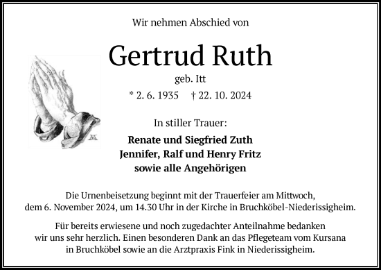 Traueranzeige von Gertrud Ruth von OF