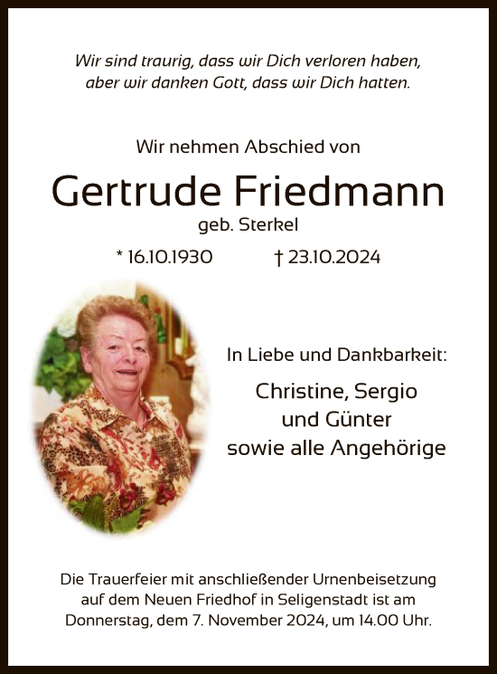 Traueranzeige von Gertrude Friedmann von OF