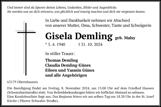 Traueranzeige von Gisela Demling von OF