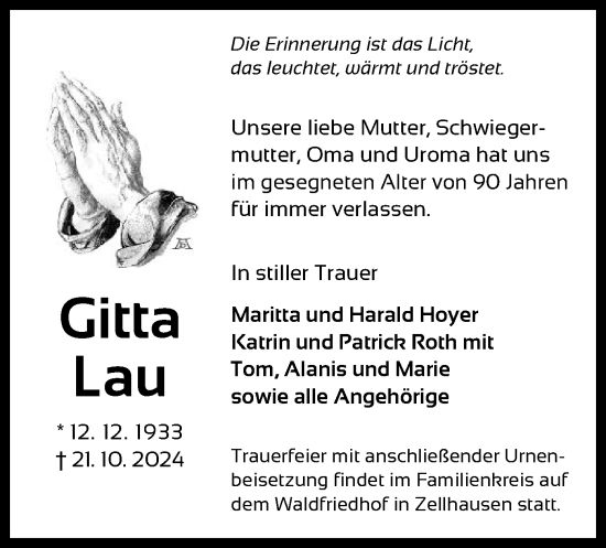 Traueranzeige von Gitta Lau von OF