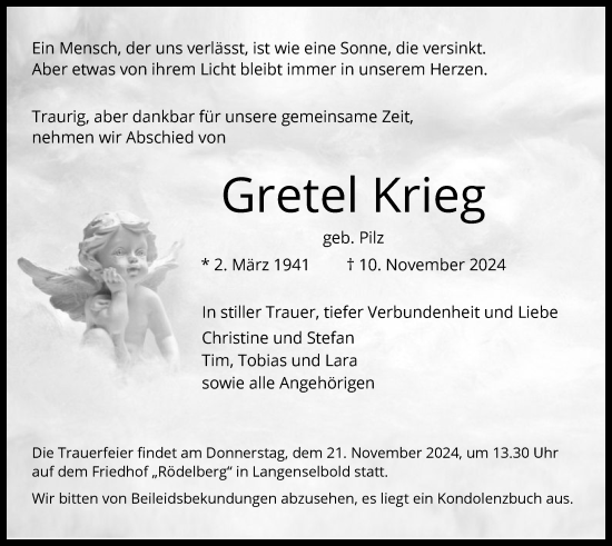 Traueranzeige von Gretel Krieg von OF