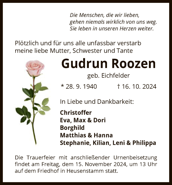 Traueranzeige von Gudrun Roozen von OF