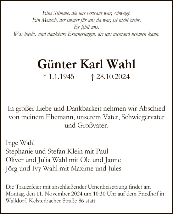 Traueranzeige von Günter Karl Wahl von OF