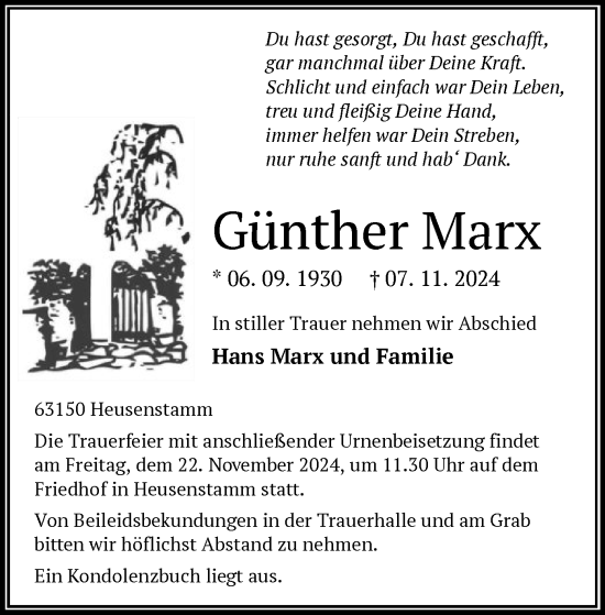 Traueranzeige von Günther Marx von OF