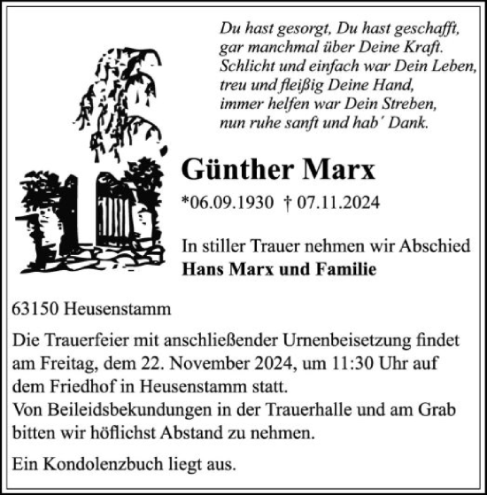 Traueranzeige von Günther Marx von OF