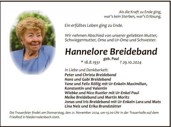 Traueranzeige von Hannelore Breideband von OF