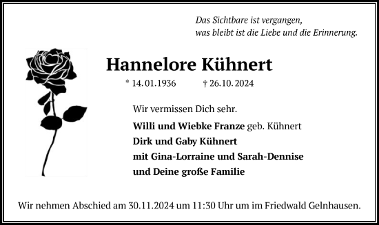 Traueranzeige von Hannelore Kühnert von OF