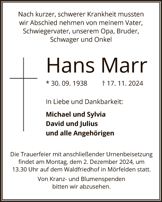 Traueranzeige von Hans Marr von OF