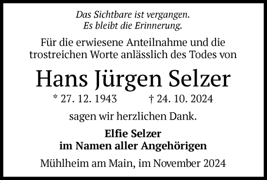 Traueranzeige von Hans Jürgen Selzer von OF