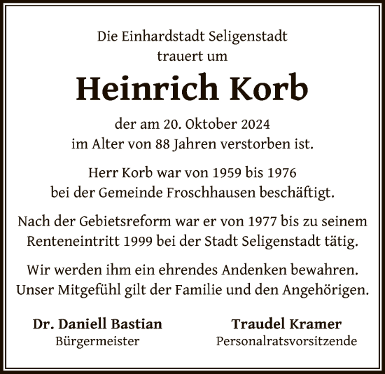 Traueranzeige von Heinrich Korb von OF