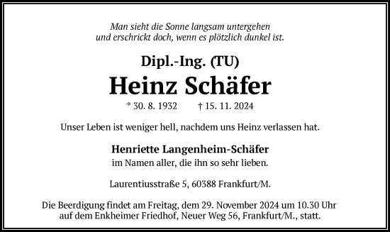 Traueranzeige von Heinz Schäfer von OF