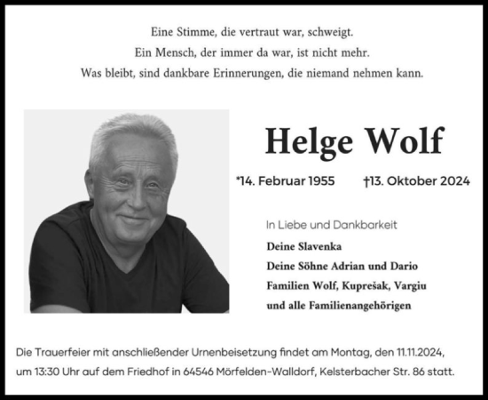 Traueranzeige von Helge Wolf von OF